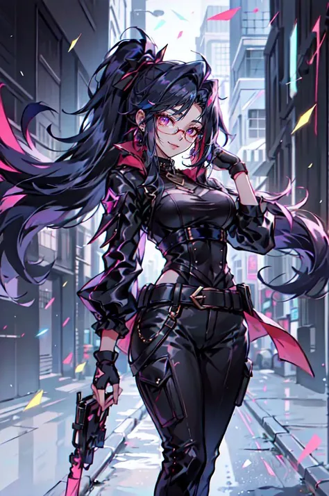 <lora:kda_v3:0.7> kda,, ultra detailed, masterpiece, best quality, aesthetic, detailed,, solo, smug smile, 1girl, purple eyes, r...