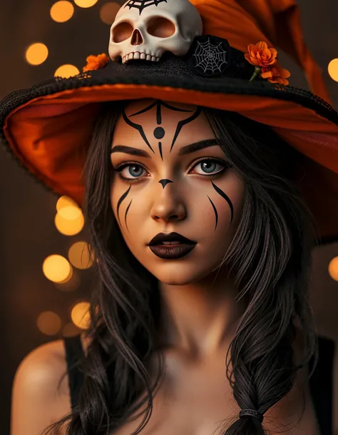 This is a highly detailed, digital artwork depicting a young woman in a Halloween costume. She has fair skin and striking, almon...
