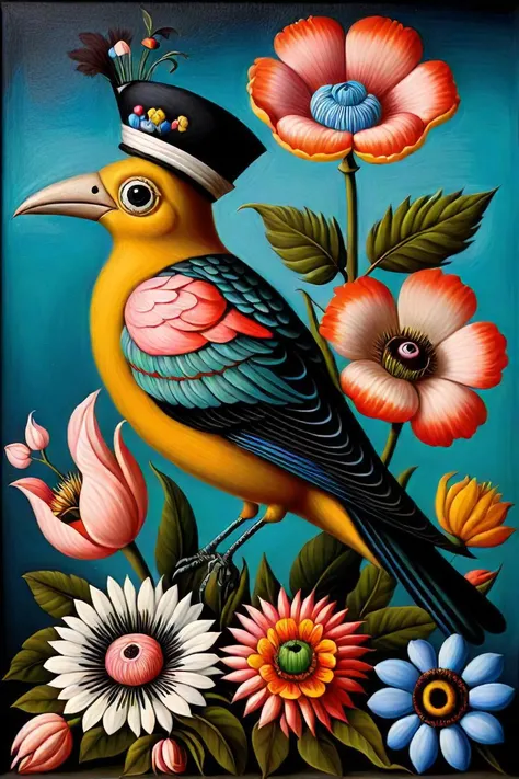 a painting of a bunch of flowers with a bird on top of them, a surrealist painting inspired by ambrosius bosschaert ii, flickr, ...
