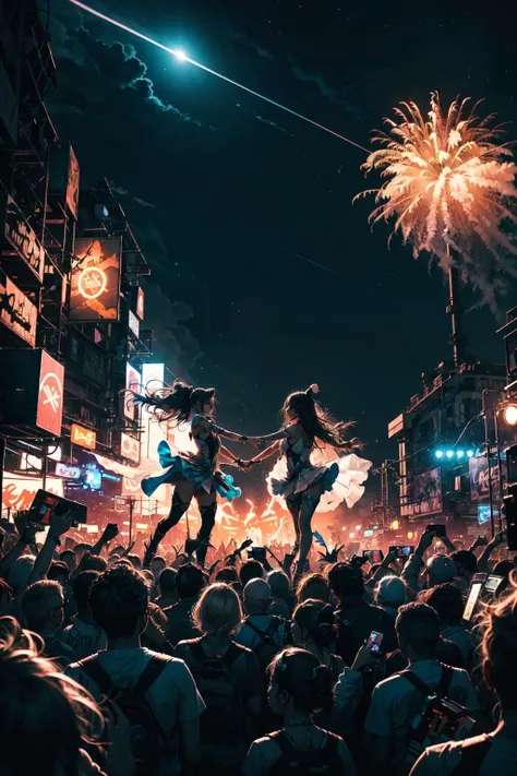 long shot scenic professional photograph of 2girls, visible skin, rave festival, (((night))), ((neon lights)), edc, rave, firewo...
