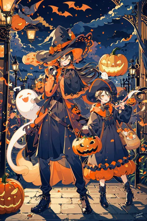 (masterpiece:1.2), best quality,PIXIV, 
hat, ghost, witch hat, jack-o-lantern, pumpkin, witch, lantern, cat, multiple others, ha...