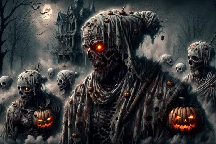 <lora:HWghostly:1> hwghostly, long tattered rags, gloomy, misty, fog, zombie horde, glowing eyes, gore, blood, unnatural movemen...