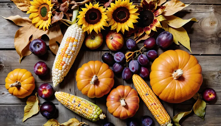 (masterpiece, best quality, highres, realistic), photo by Melissa Stemmer, Autumn nature concept. Fall fruit and vegetables on w...