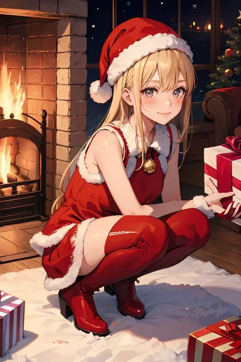 sntgrls, 1girl, red outfit, bare arms, mature woman, smiling, squatting, fireplace, ambient lights, dark, blushing, presents, po...
