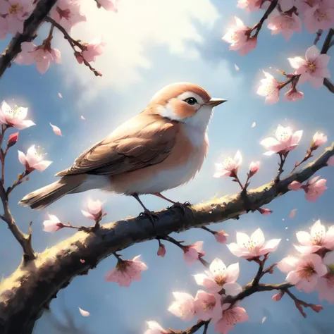 professional painting by Alayna Lemmer of a single nightingale singing in a sakura tree. It is spring morning time and clear wea...