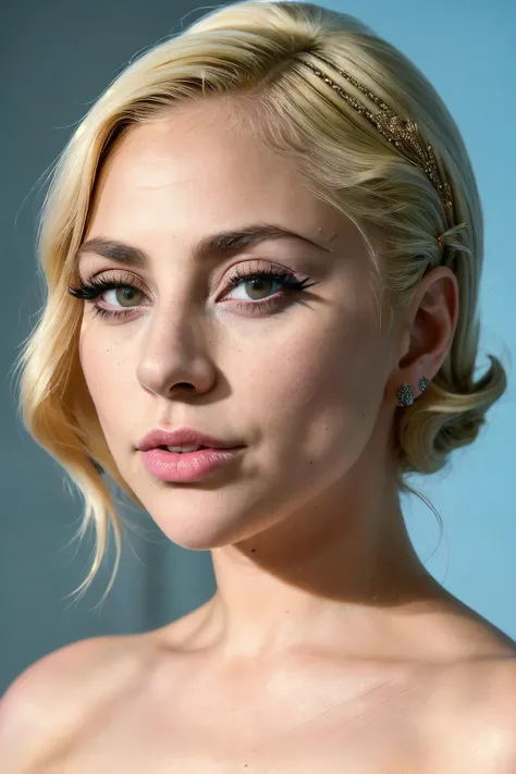 photoshoot of ladyGa1 , (blonde hair), (pixie cut), , detailed skin texture, (blush:0.2), (goosebumps:0.3), (light blue dress), ...