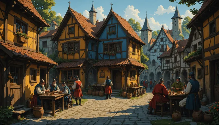 impactful color paint of  A medieval village with craftsmen and jesters ,     <lora:Modern_Cartoon_Style:0.4>,    highly detaile...