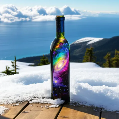 a bottle with a rainbow galaxy inside it on top of a wooden table on a snowy mountain top with the ocean and clouds in the backg...