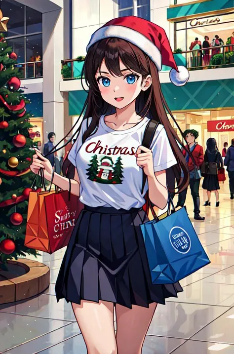 1girl, logo t-shirt, pleated skirt, shopping mall, crowd, shopping bags, storefront, christmas tree, santa claus, fountain