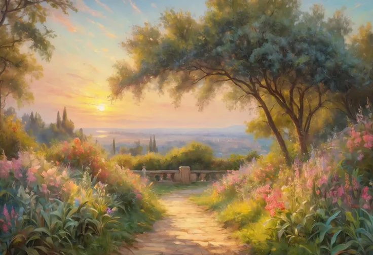 Classical art, dreamy impressionist painting, landscape, a piece of paradise, 8k, hdr, masterpiece, highly detailed, soft colors