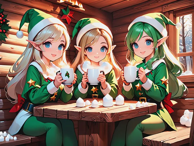 KAWAII style, 2-3 Epoch Elves is holding a mug ,  marshmallow. wood table. cabin.
 <lora:HolidaysIdidalittlebiteXL:1> holidayxl ...