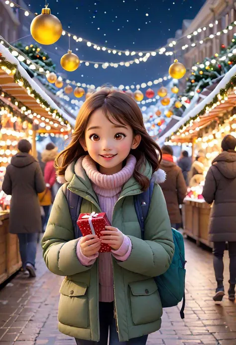 A cute girl wandering through a bustling Christmas market, her eyes wide with wonder. Stalls overflow with holiday treats and ha...