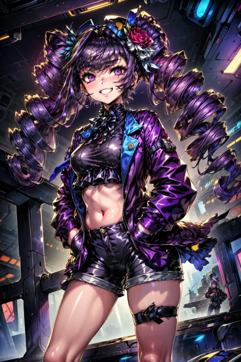 masterpiece,best quality,1girl,suzette_anothereden,purple hair,twin drills,very long hair,purple eyes,hair ornament,hair flower,...