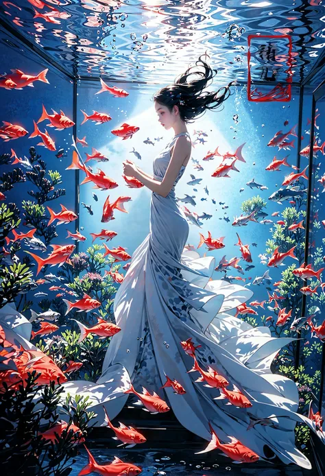 fluorescent Red theme, fish, aquarium,  solo,1girl, scenery, water
<lora:~Q?-mw^NuL Underwater world:0.8>