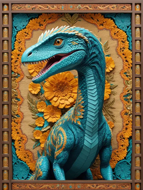 Brilliant Marigold, Teal and Beige Velociraptor, breathtaking, award-winning, professional, highly detailed, vivid colors, intri...