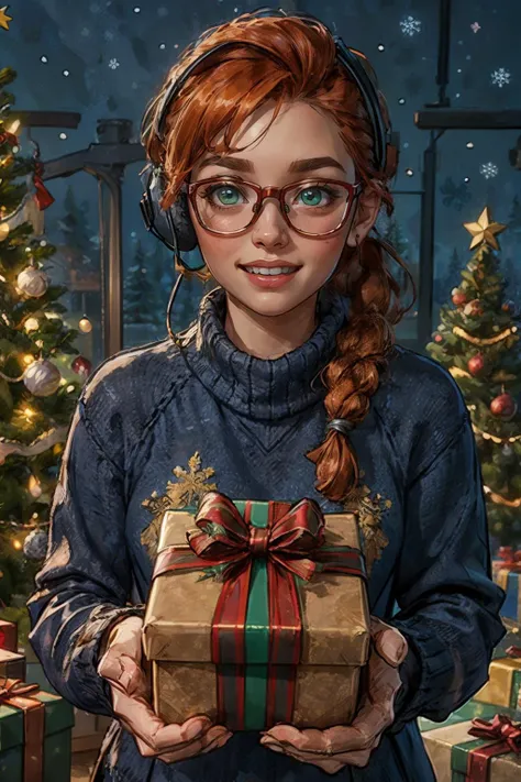 lis, orange hair, one braid, green eyes, glasses, headset, wearing christmas sweater, looking at viewer, smiling, happy, teeth, ...