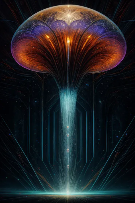 realistic,best quality,a giant delicate mushroom made of opal in a futuristic city center,integrated computer circuitry in stem,...