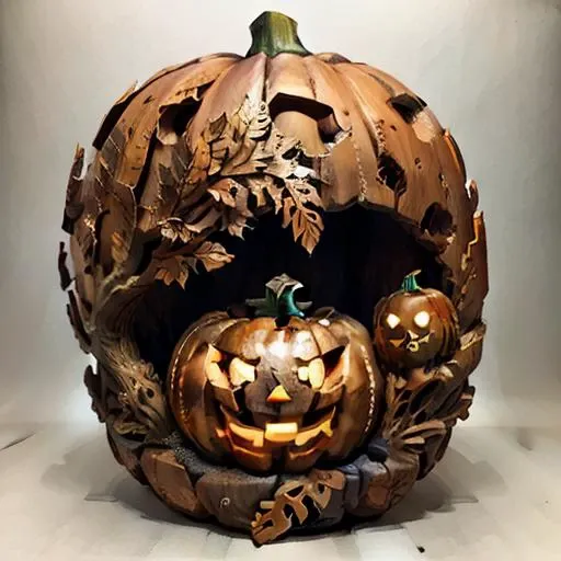 <lora:woodcarvingcd-000008:0.8>, woodcarvingcd, halloweens pumpkin
