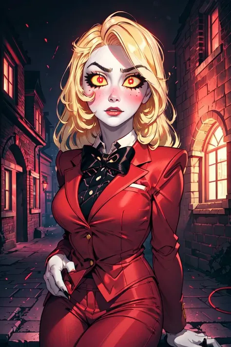 (charlie morningstar:1.2), (blonde hair, white skin, red blush, yellow sclera, red iris:1.5), long hair, (business suit, red sui...