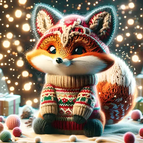 cartoon style <lora:SDXLChristmasSweater:1>,christmassweater,Highly detailed,Dynamic shot of an adorable fox,kawaii,christmas ba...