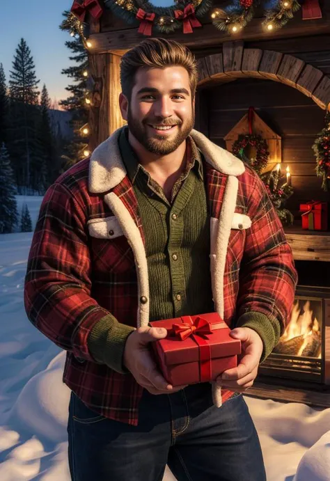 ((masterpiece, highly detailed, intricately detailed)), visually stunning, photograph, rugged man, outdoors, giving a gift, lumb...