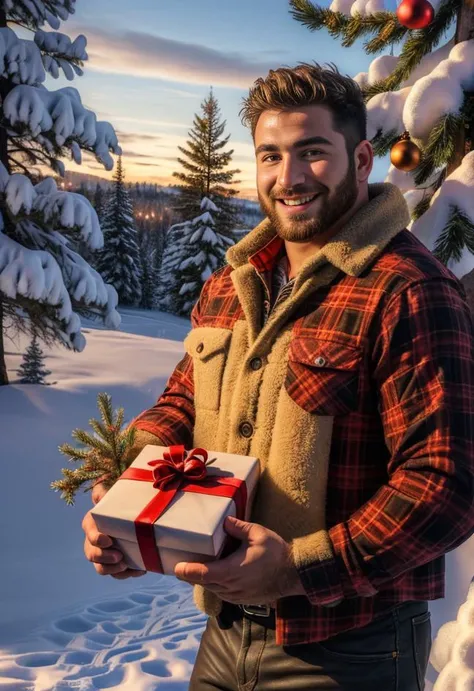 ((masterpiece, highly detailed, intricately detailed)), visually stunning, photograph, rugged man, outdoors, giving a gift, lumb...