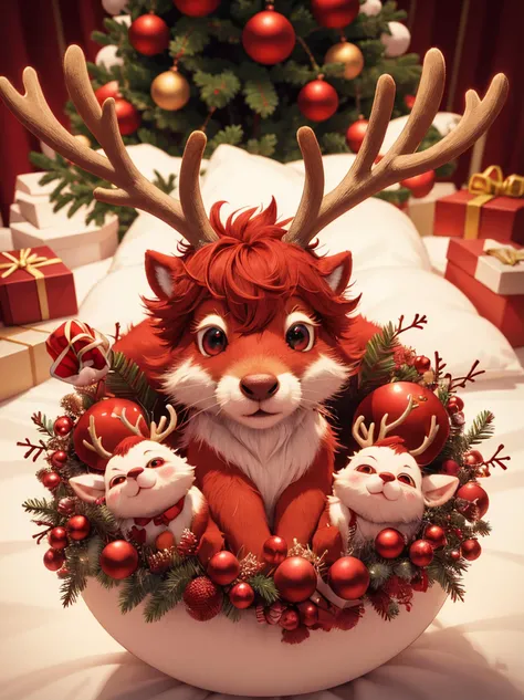 cute red rudolph reindeer, reindeer, christmas tree, red team, 3d fluffy, closeup cute and adorable, cute big circular reflectiv...