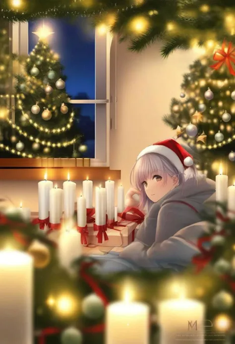 Christmas scene with a girl sitting among green and silver decorations, twinkling lights entwined through pine branches, gleamin...