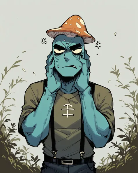 score_9, score_8_up, score_7_up, score_6_up, score_5_up, score_4_up, rating_safe,source_cartoon,solo,an annoyed mushroom man wea...
