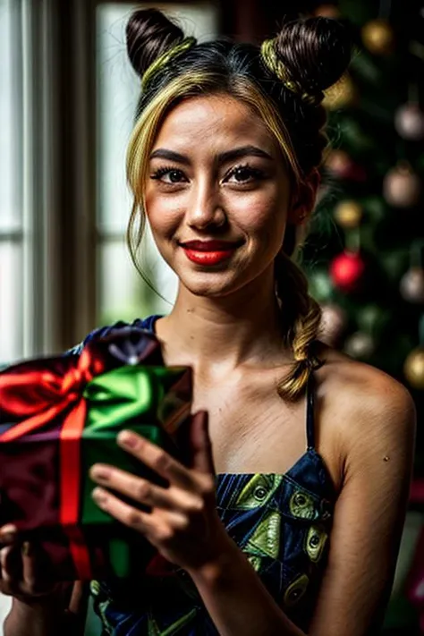 beautiful jolynejojo giving a (large present box), (holding a box with hands), (giving a gift to you), happy expression, smiling...