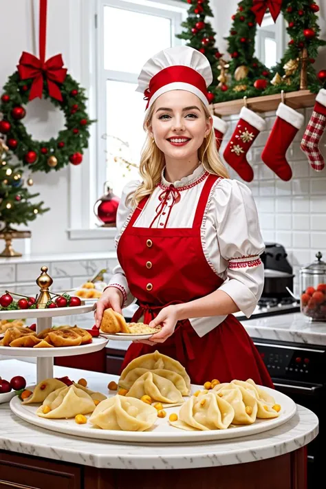 a festive kitchen scene with a CucinaPro Pierogi Maker at the center. Display perfectly shaped, golden pierogi being prepared, a...