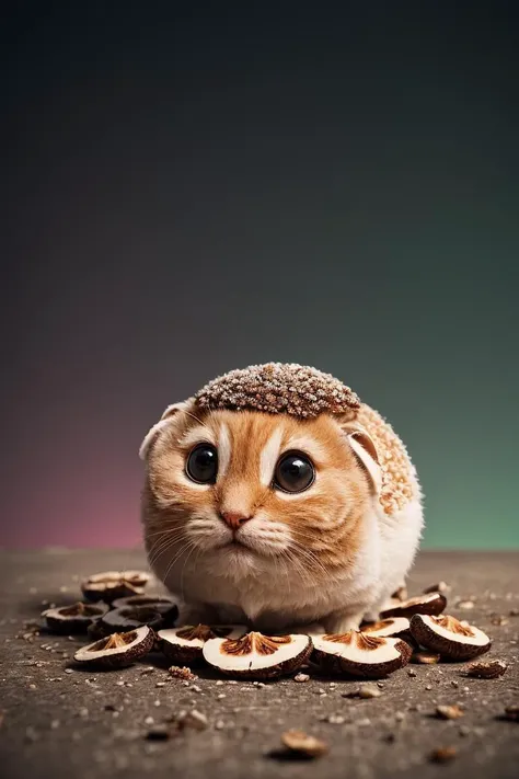 cute, kawaii, face on photorealistic shiitake mushroom. Background cyberpunk dystopic megacity with futuristic robots looking in...