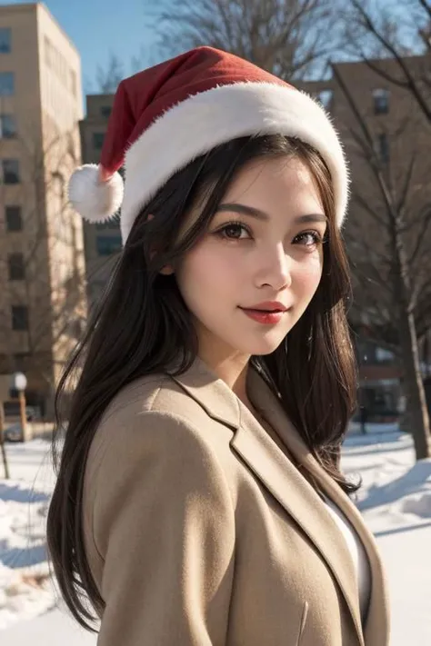 (masterpiece),
1girl,
christmas babe, christmas hat,
beige business coat, 
black hair, floating hair,
looking at viewer,
((sexy ...