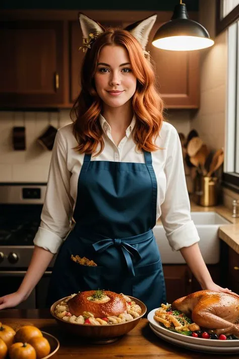 photo of half naked redhead woman lying on a kitchen table, open long legs, sexy gold apron, freckles, missionary, cinematic lig...