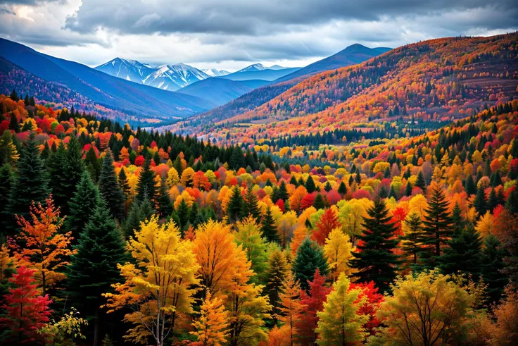 (raw photo, masterpiece, best quality, high detail), (8k, full frame, photorealistic, realistic), fall foliage in the white moun...