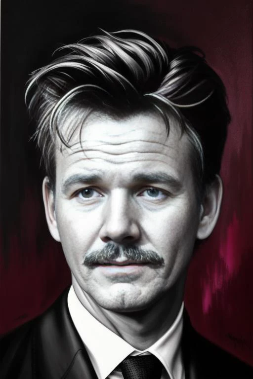 Full body portrait of handsome Gordan Ramsey with his signature mustache, cinematic, dramatic lighting, darker tones, bold strok...