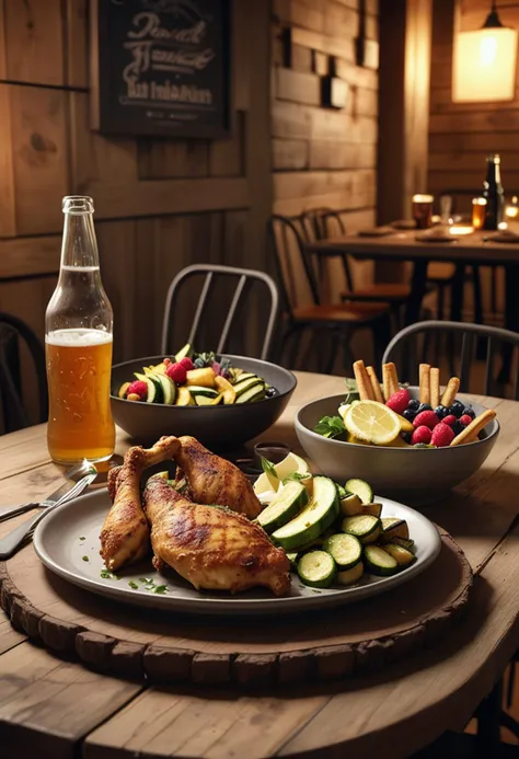 (medium full shot) of (rich delicious meal) served in a Picnic setting style, featuring a golden brown grilled chicken, zucchini...
