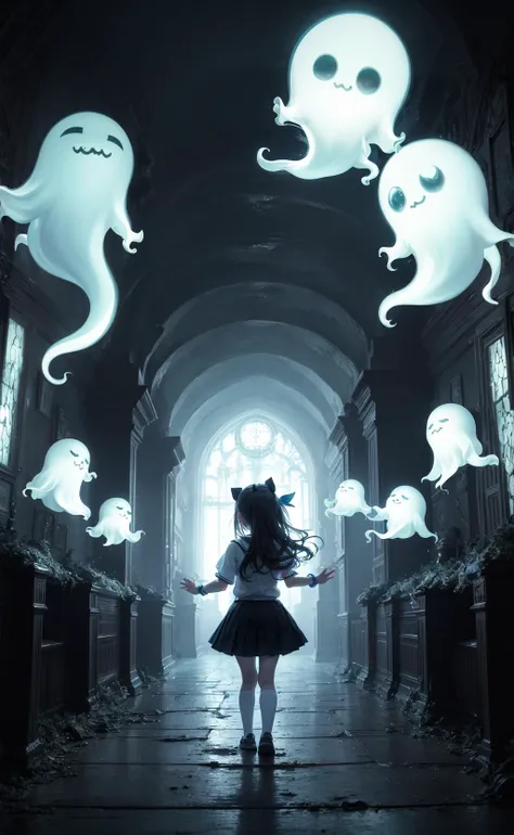 masterpiece, best quality, schoolgirl exploring a haunted theme park, haunted by cute chibi ghosts, cute, whimsical, glow, glowi...
