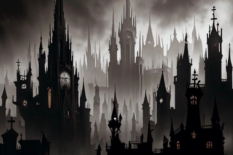 aerial view (from above) of a GothicPunkAI cityscape, a massive sprawling City, neogothic, baroque, detailed, intricate, Necromu...