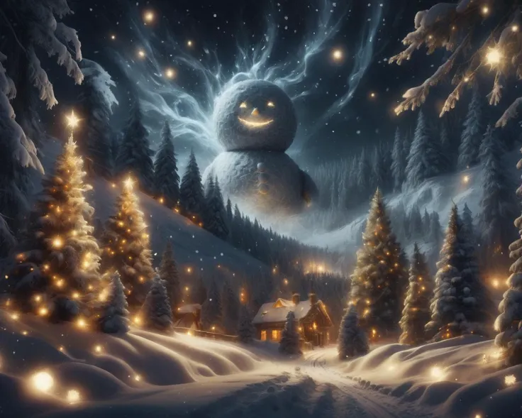 an (extremely detailed cinematic digital painting masterpiece) (3/4 body shot) of one giant snowman in the distance absorbing th...