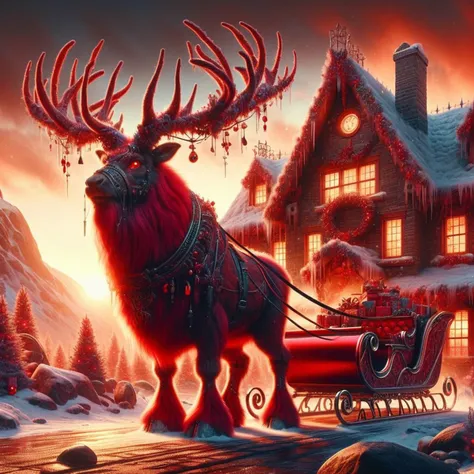 hyper-maximalism,ultradetailed photorealistic A badass raging thick red fur reindeer with sleigh waiting for santa front of the ...