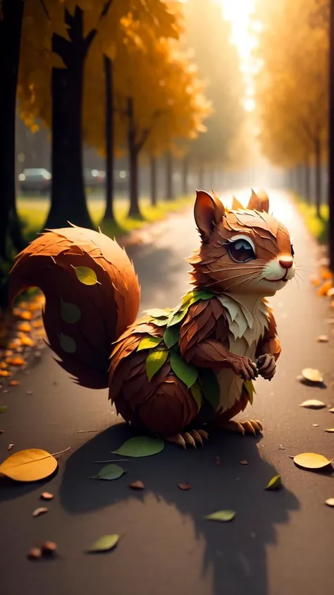 (masterpiece, best quality:1.2), (leafart:1.22), (leaf:1.05), animal, solo, (squirrel:1.05), outdoors, branch, day, sunset