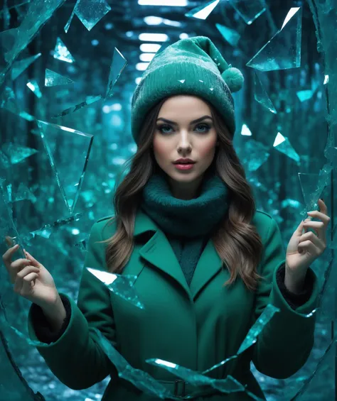 long exposure shot, of a beautiful girl in a green santa hat and warm coat crossing the mirror, focus on a mirror, glass,crack,b...