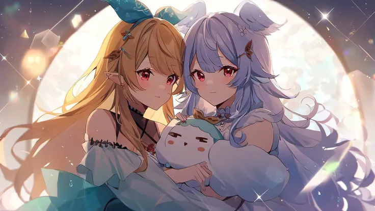 <lora:Pomu_Rainpuff_SDXL:1>, 2girls, pomu rainpuff hugging nina kosaka, dreamlike, ethereal, lens flare