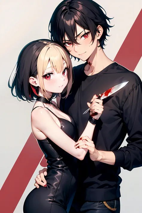 Anime boy with black hair and red eyes with a cold look hugging a short blonde girl from behind as she holds a knife laughing at...