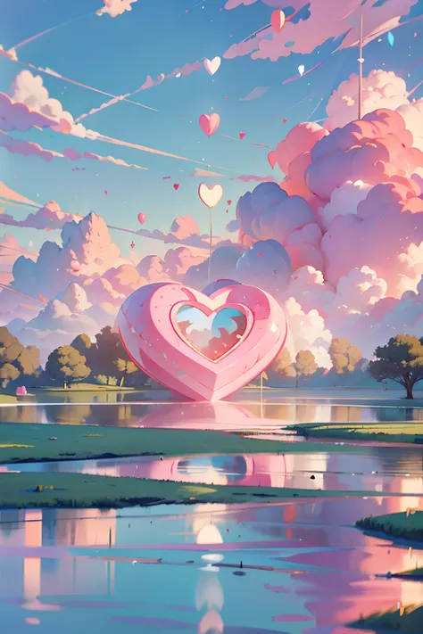 Pink sky，Composition from above，Lots of pink clouds，Lots of pink balloons，Green island，In the middle, There is a large three-dim...