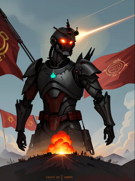 Future Battlefield, Alien Civilization War, Gunsmoke fills, A red flag was planted on a small mound, A soldier in Chinese armor,...