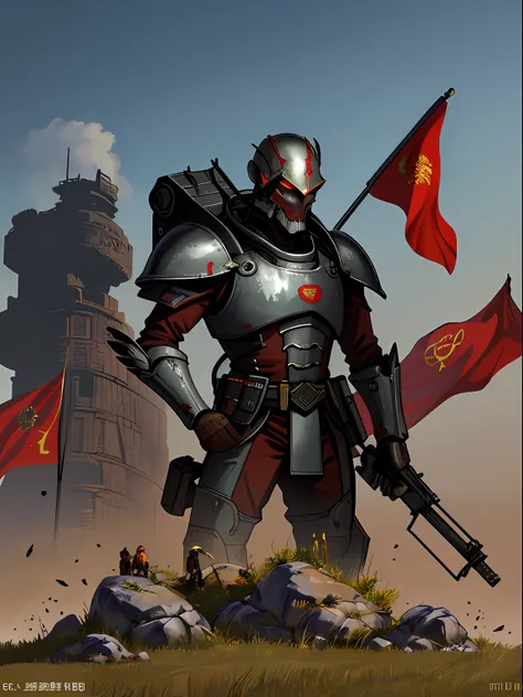 Future Battlefield, Alien Civilization War, Gunsmoke fills, A red flag was planted on a small mound, A soldier in Chinese armor,...