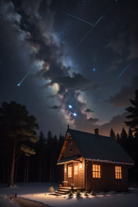 Peaceful little forest，In front of the little boys house
Shooting stars streak across the sky，Shines brightly
Meteorite landing