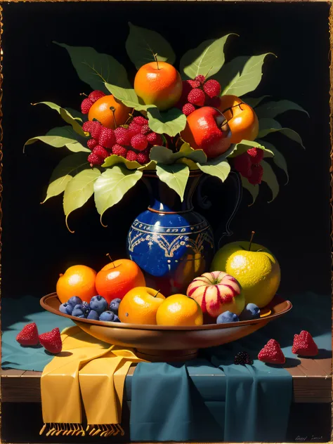 painting of a still life of fruit on a table with a leaf, still life painting, (a bowl of fruits)!!!!!!!!!, pain in oil, paintin...